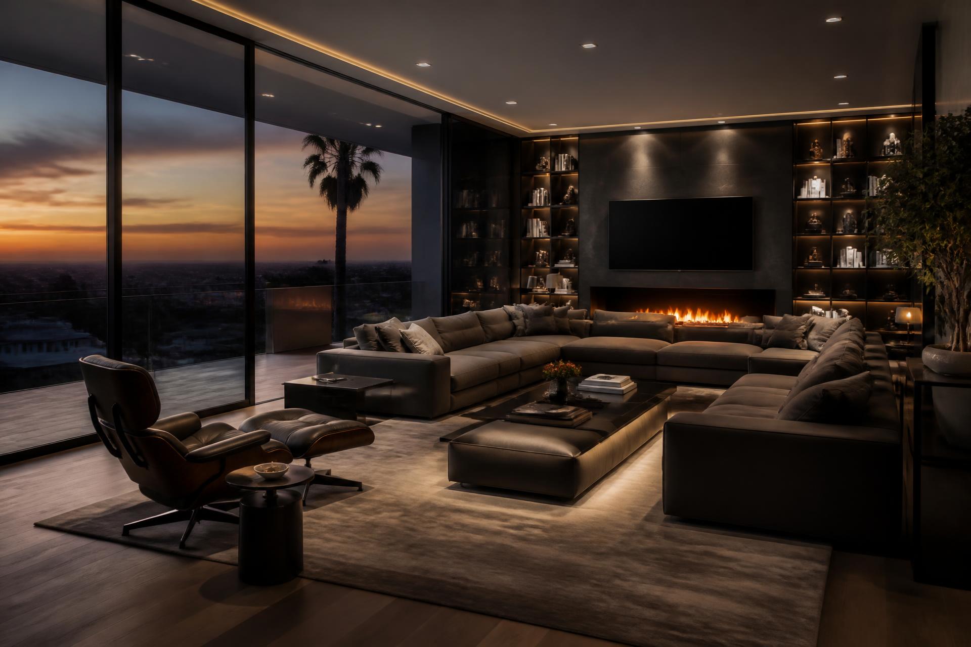 Luxury living room at dusk with floor-to-ceiling windows
